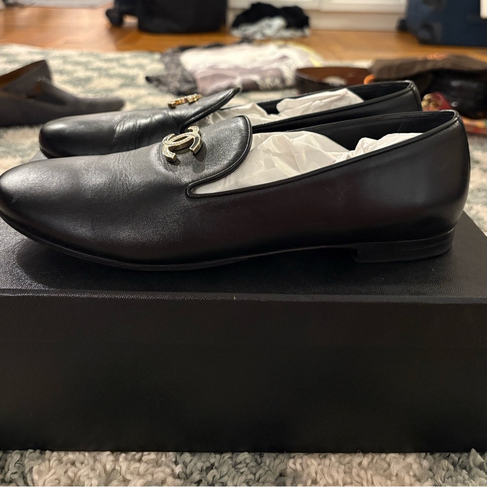 CHANEL Black Loafers with Silver Logo - Picture 3 of 5